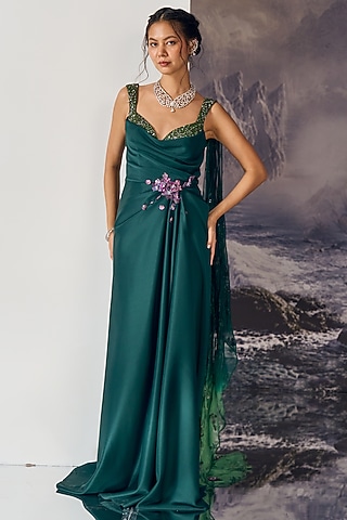 Emerald Green Nylon & Viscose 3D Floral Petals Gown by Geisha Designs