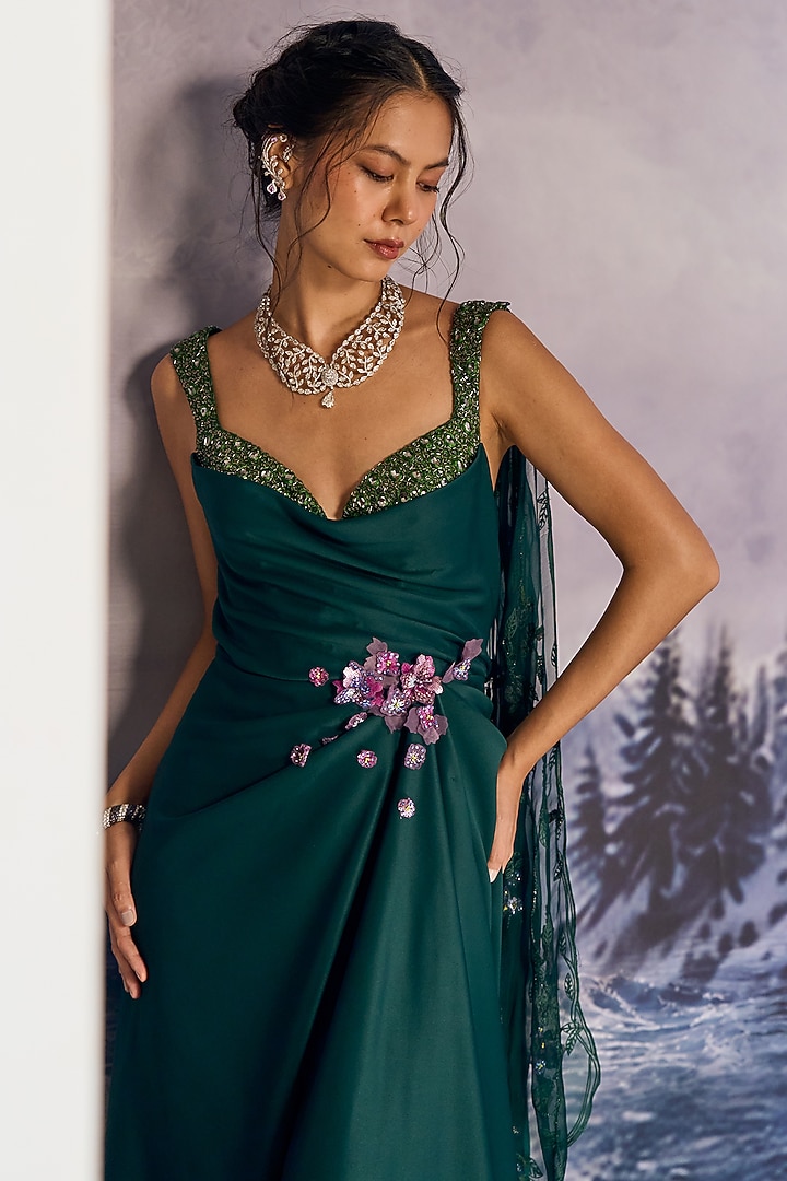 Emerald Green Nylon & Viscose 3D Floral Petals Wedding Gown by Geisha Designs at Pernia's Pop Up Shop