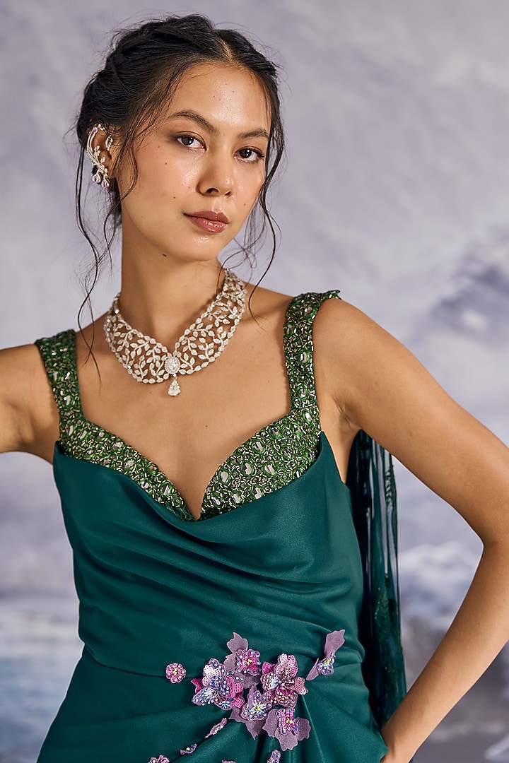 Emerald Green Nylon & Viscose 3D Floral Petals Wedding Gown by Geisha Designs at Pernia's Pop Up Shop