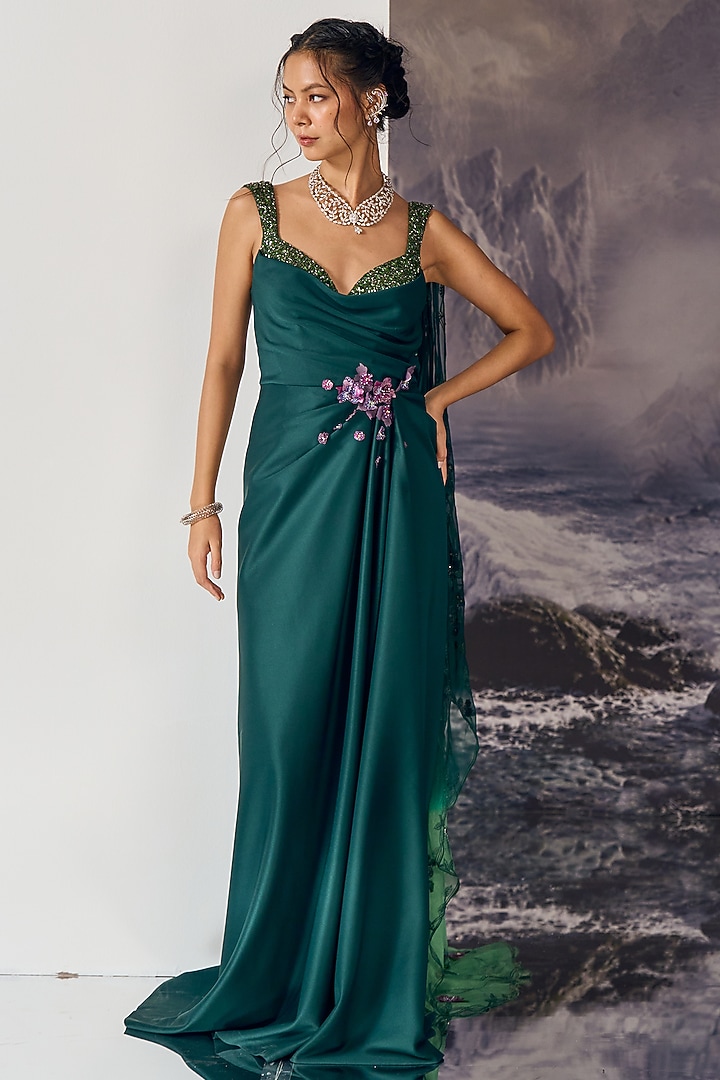 Emerald Green Nylon & Viscose 3D Floral Petals Wedding Gown by Geisha Designs at Pernia's Pop Up Shop