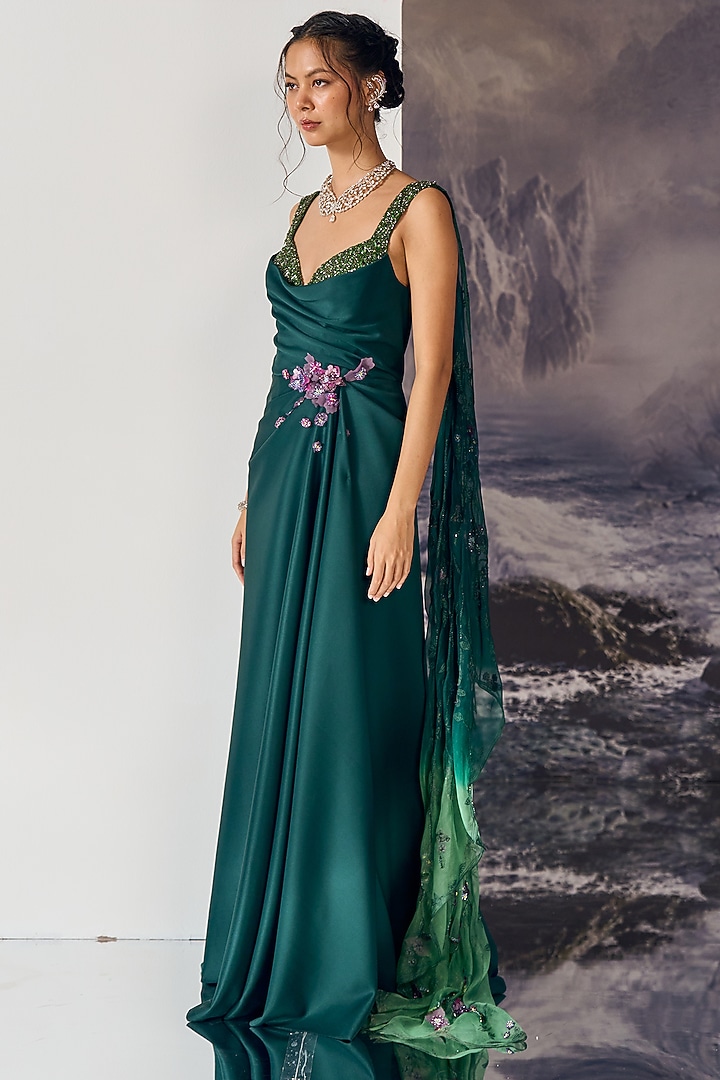 Emerald Green Nylon & Viscose 3D Floral Petals Wedding Gown by Geisha Designs at Pernia's Pop Up Shop