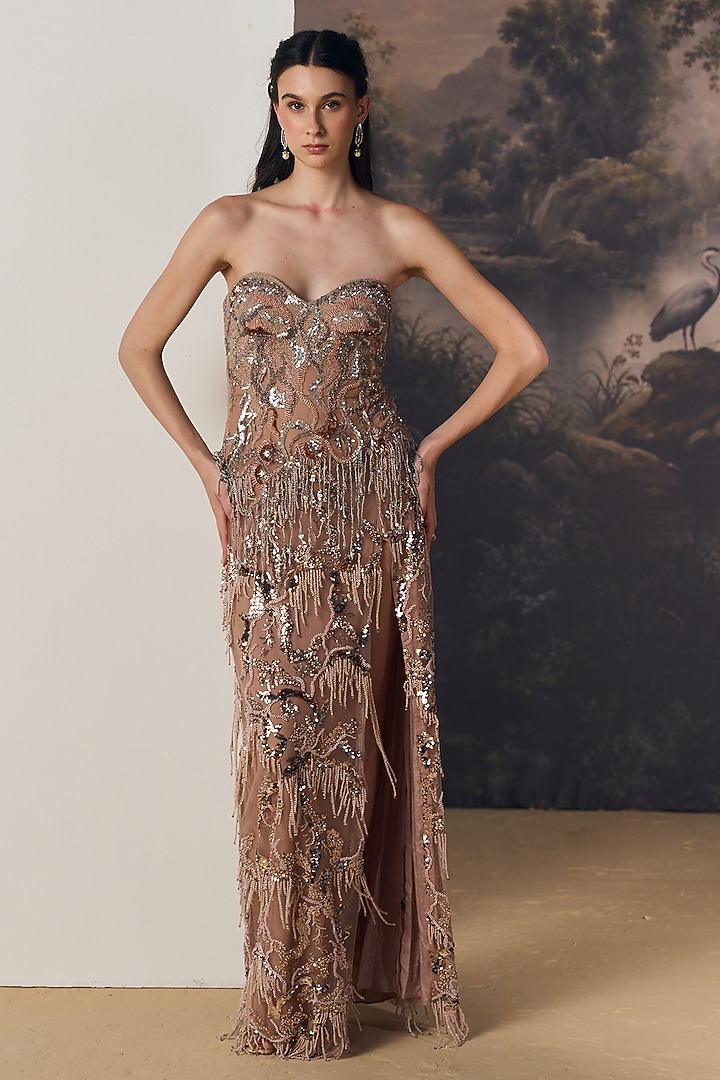 Pink Nylon Glass-Beads Hand Embroidered Strapless Wedding Gown by Geisha Designs at Pernia's Pop Up Shop