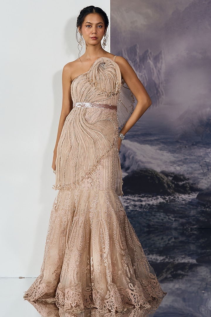 Champagne-Nude Nylon & Viscose Mermaid Bridal Gown by Geisha Designs at Pernia's Pop Up Shop