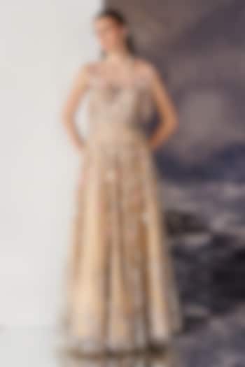 Beige Nylon & Viscose Beaded Fringe Embellished Bridal Gown by Geisha Designs at Pernia's Pop Up Shop