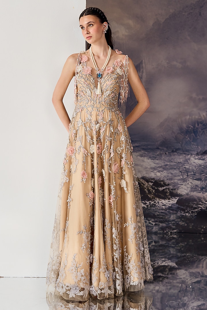 Beige Nylon & Viscose Beaded Fringe Embellished Bridal Gown by Geisha Designs at Pernia's Pop Up Shop