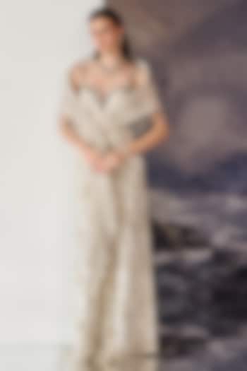 White Nylon & Viscose Crystal Embroidered Bridal Gown With Cape by Geisha Designs at Pernia's Pop Up Shop