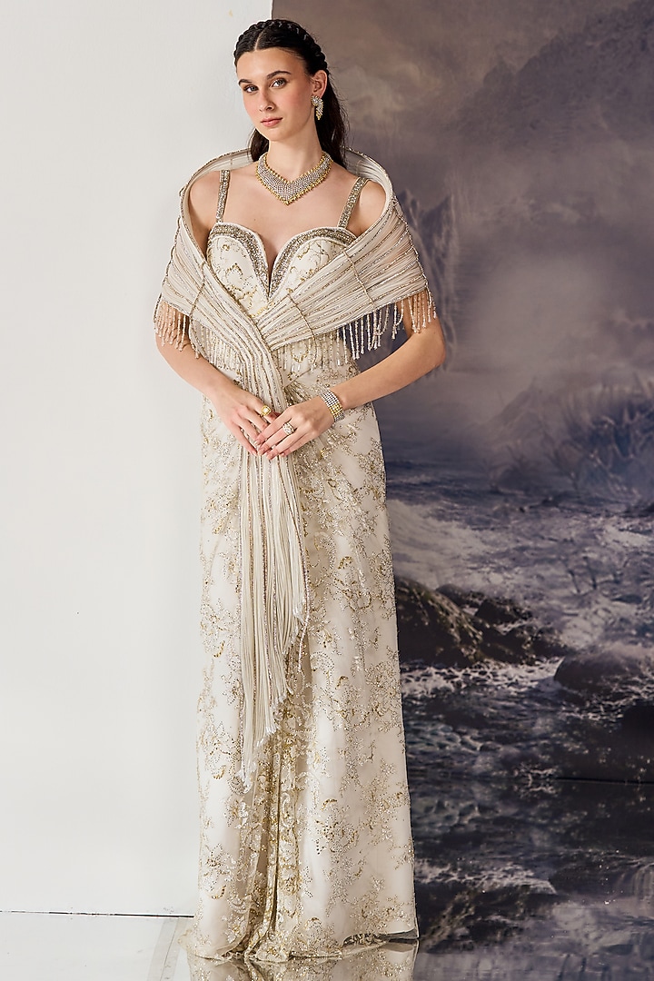 White Nylon & Viscose Crystal Embroidered Bridal Gown With Cape by Geisha Designs at Pernia's Pop Up Shop