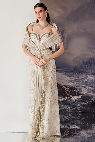 White Nylon & Viscose Crystal Embroidered Gown With Cape by Geisha Designs