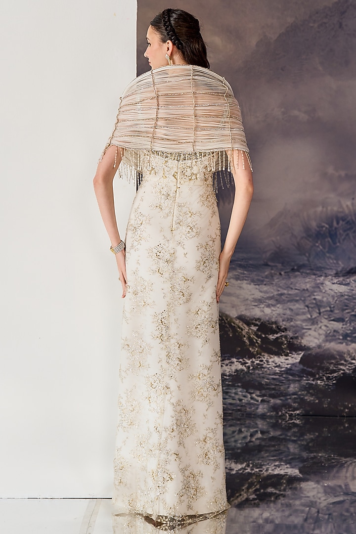 White Nylon & Viscose Crystal Embroidered Bridal Gown With Cape by Geisha Designs at Pernia's Pop Up Shop