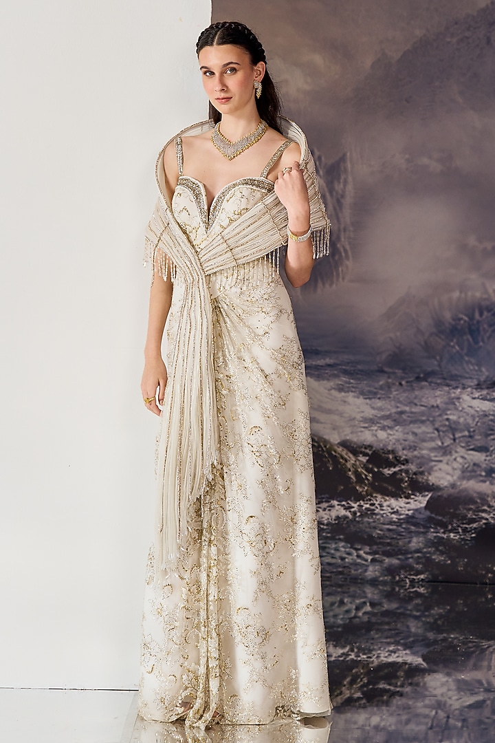 White Nylon & Viscose Crystal Embroidered Bridal Gown With Cape by Geisha Designs at Pernia's Pop Up Shop