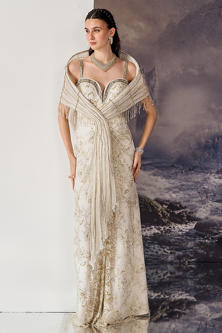 White Nylon & Viscose Crystal Embroidered Bridal Gown With Cape by Geisha Designs at Pernia's Pop Up Shop