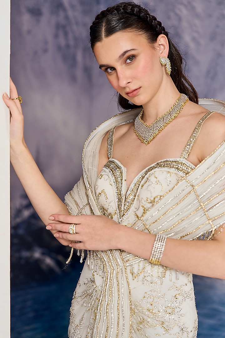 White Nylon & Viscose Crystal Embroidered Bridal Gown With Cape by Geisha Designs at Pernia's Pop Up Shop