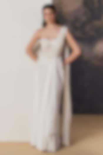 White Nylon & Viscose Pearl Embroidered Draped Reception Gown Saree by Geisha Designs at Pernia's Pop Up Shop