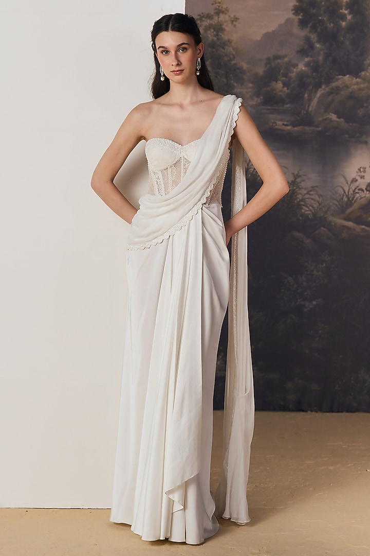 White Nylon & Viscose Pearl Embroidered Draped Reception Gown Saree by Geisha Designs at Pernia's Pop Up Shop