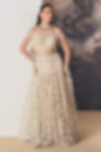 Beige Nylon & Viscose Floral Lace Cutwork Bridal Lehenga Set by Geisha Designs at Pernia's Pop Up Shop