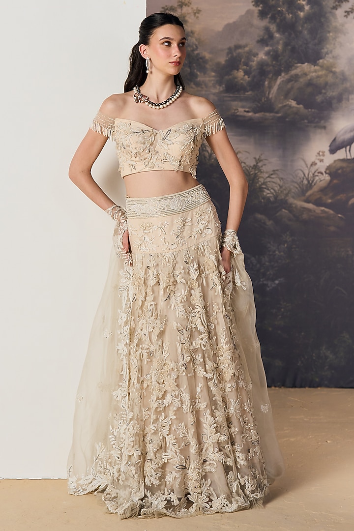 Beige Nylon & Viscose Floral Lace Cutwork Bridal Lehenga Set by Geisha Designs at Pernia's Pop Up Shop