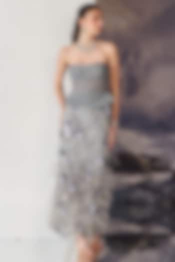 Grey Nylon & Viscose Embellished Skirt Set by Geisha Designs at Pernia's Pop Up Shop