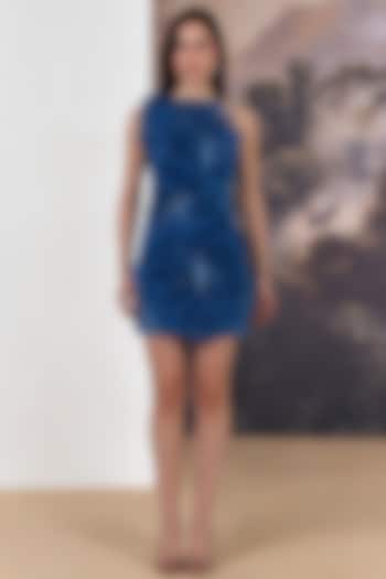 Ocean Blue Nylon & Organza Crystal Bead Embroidered Mini Party Wear Dress by Geisha Designs at Pernia's Pop Up Shop