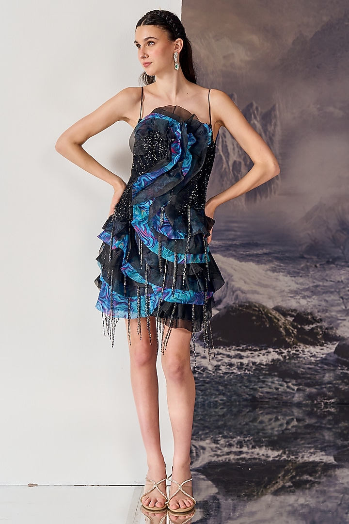 Blue Nylon Viscose Poly Slip Mini Party Wear Dress by Geisha Designs at Pernia's Pop Up Shop