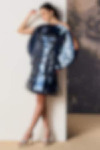 Blue Nylon & Viscose Micro Bead Embroidered Mini Party Wear Dress by Geisha Designs at Pernia's Pop Up Shop