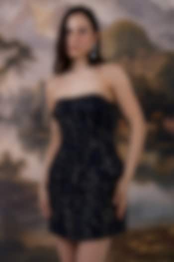 Midnight Blue Nylon & Viscose Bugle Bead Embroidered Strapless Mini Party Wear Dress by Geisha Designs at Pernia's Pop Up Shop