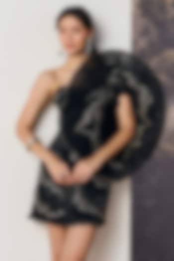 Black Nylon & Viscose Gunmetal Sequins Embroidered Mini Party Wear Dress by Geisha Designs at Pernia's Pop Up Shop