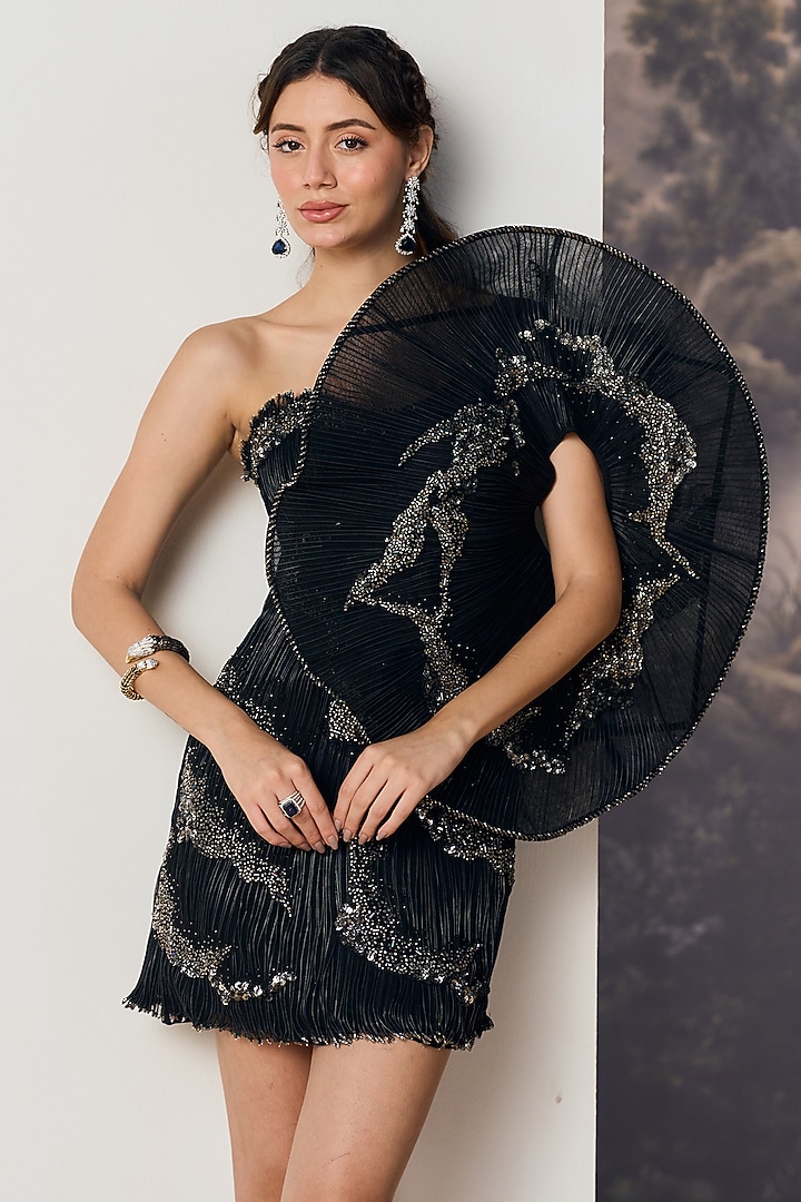 Black Nylon & Viscose Gunmetal Sequins Embroidered Mini Party Wear Dress by Geisha Designs at Pernia's Pop Up Shop