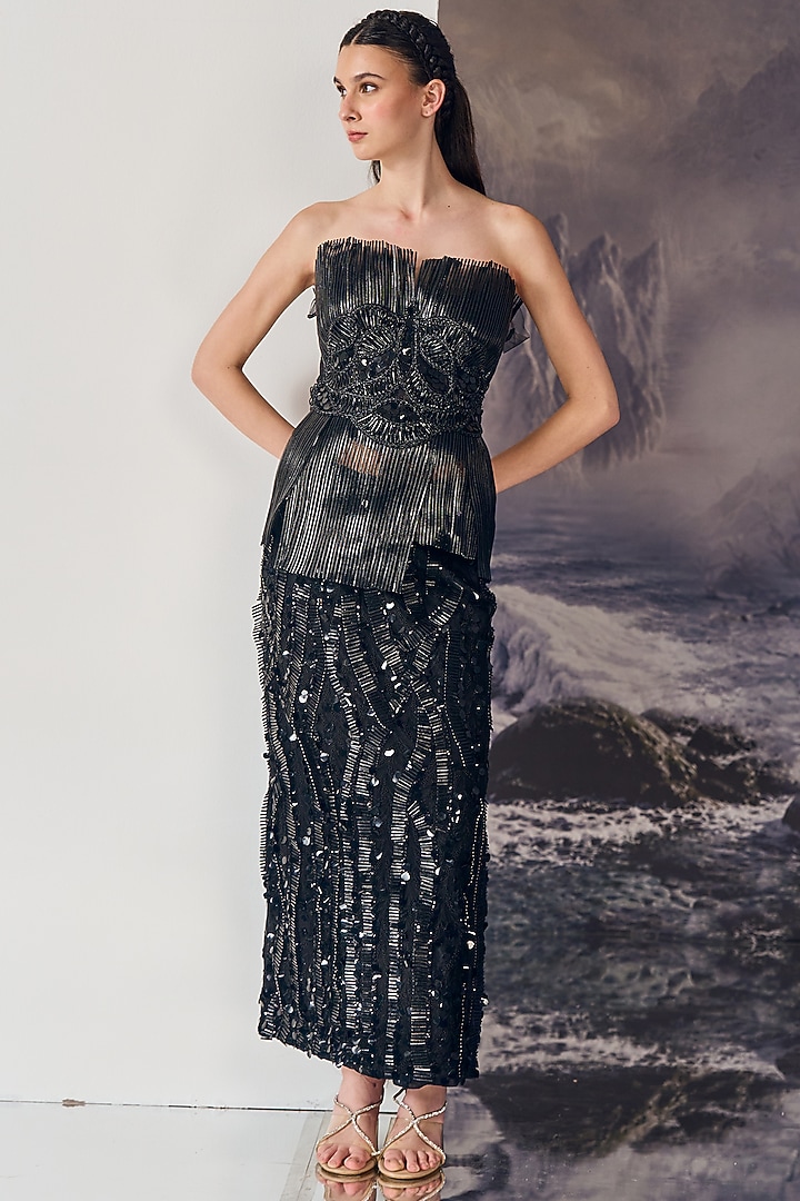 Black Nylon & Viscose Beadwork Skirt Set by Geisha Designs at Pernia's Pop Up Shop