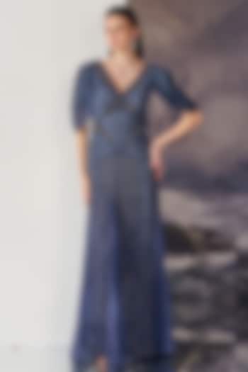 Blue Nylon & Viscose Bugle Bead Embroidered Wedding Gown by Geisha Designs at Pernia's Pop Up Shop
