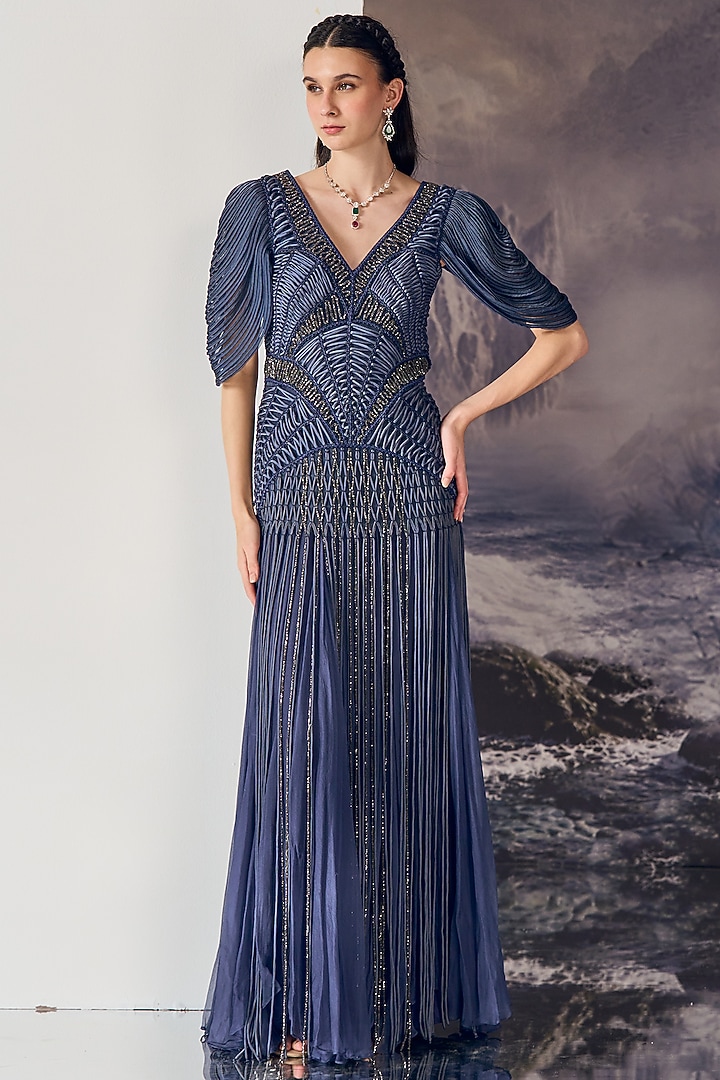 Blue Nylon & Viscose Bugle Bead Embroidered Wedding Gown by Geisha Designs at Pernia's Pop Up Shop