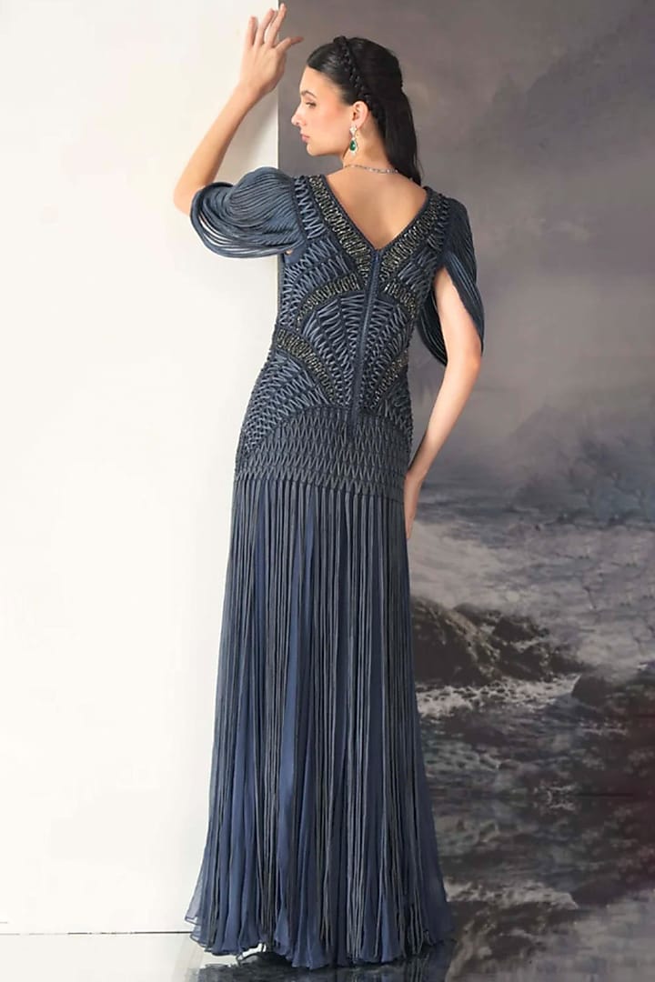 Blue Nylon & Viscose Bugle Bead Embroidered Wedding Gown by Geisha Designs at Pernia's Pop Up Shop