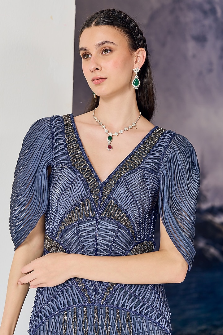Blue Nylon & Viscose Bugle Bead Embroidered Wedding Gown by Geisha Designs at Pernia's Pop Up Shop