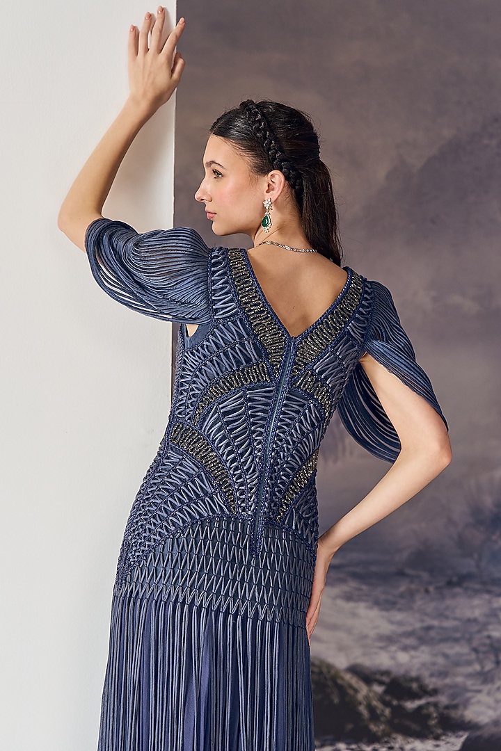 Blue Nylon & Viscose Bugle Bead Embroidered Wedding Gown by Geisha Designs at Pernia's Pop Up Shop