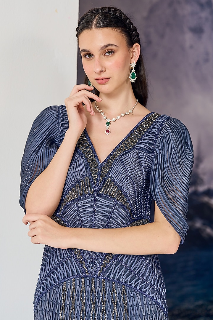 Blue Nylon & Viscose Bugle Bead Embroidered Wedding Gown by Geisha Designs at Pernia's Pop Up Shop