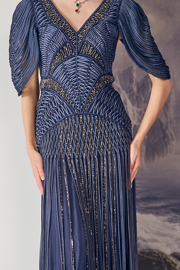 Blue Nylon & Viscose Bugle Bead Embroidered Wedding Gown by Geisha Designs at Pernia's Pop Up Shop