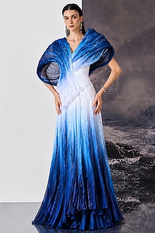 Blue & Pure White Ombre Poly Nylon Viscose Gown by Geisha Designs