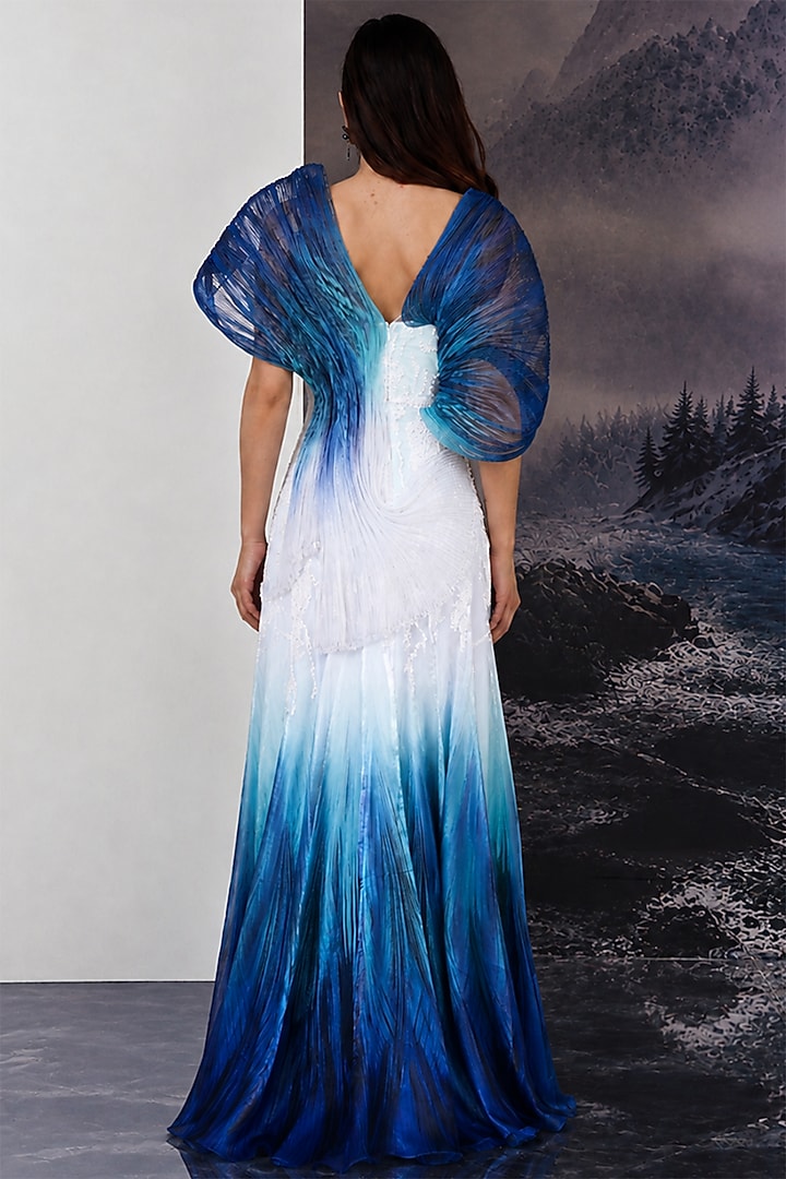 Blue & Pure White Ombre Poly Nylon Viscose Wedding Gown by Geisha Designs at Pernia's Pop Up Shop
