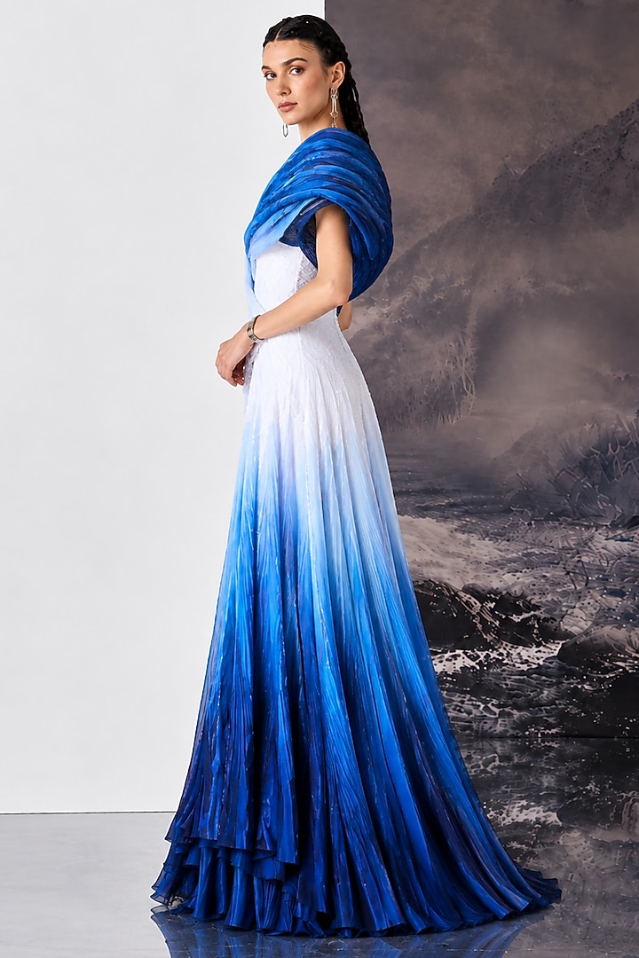 Blue & Pure White Ombre Poly Nylon Viscose Wedding Gown by Geisha Designs at Pernia's Pop Up Shop