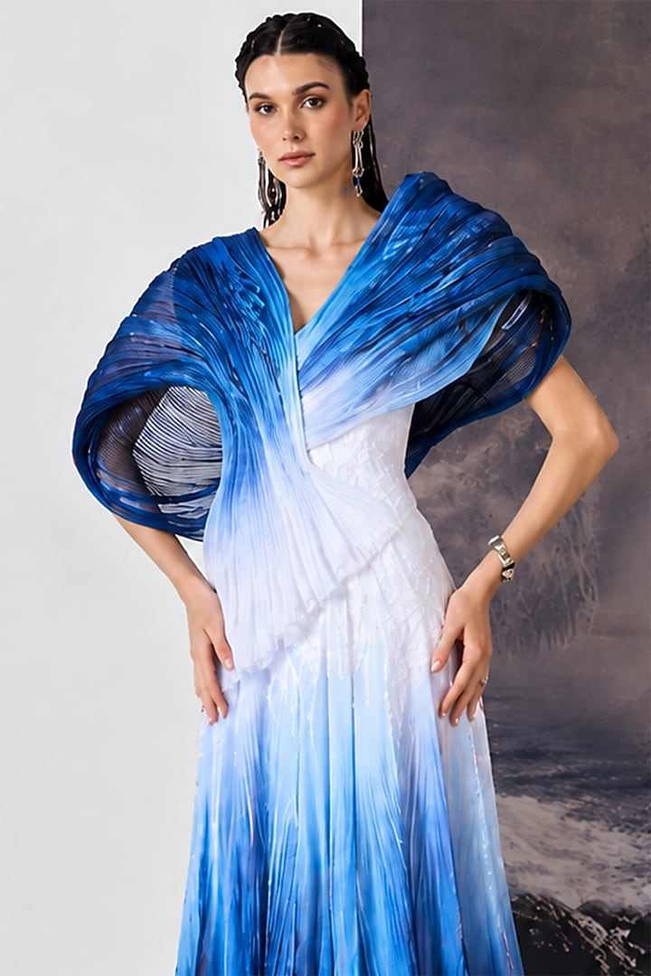 Blue & Pure White Ombre Poly Nylon Viscose Wedding Gown by Geisha Designs at Pernia's Pop Up Shop