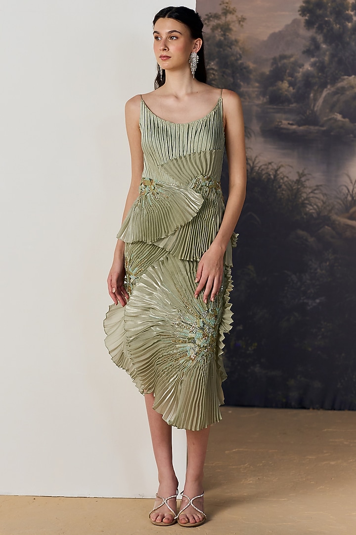 Green Poly Nylon Viscose Crystal Embroidered Slip Party Wear Dress by Geisha Designs at Pernia's Pop Up Shop
