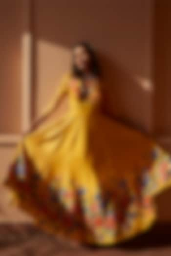 Yellow Floral Anarkali With Dupatta by Geisha Designs at Pernia's Pop Up Shop