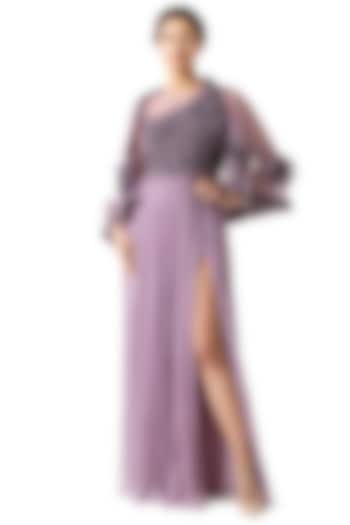 Purple Embroidered Gown With Cape by Geisha Designs