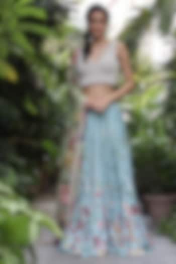 White & Sky Blue Floral Bridal Lehenga by Geisha Designs at Pernia's Pop Up Shop