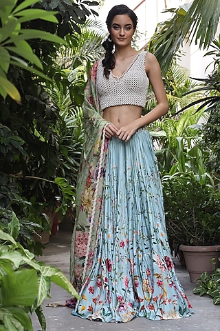 White & Sky Blue Floral Lehenga by Geisha Designs