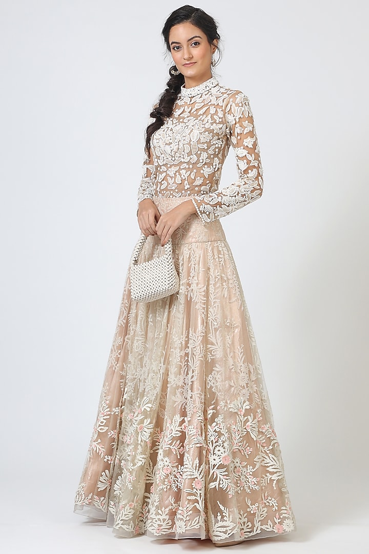 Off White Embroidered Lehenga With Blouse by Geisha Designs
