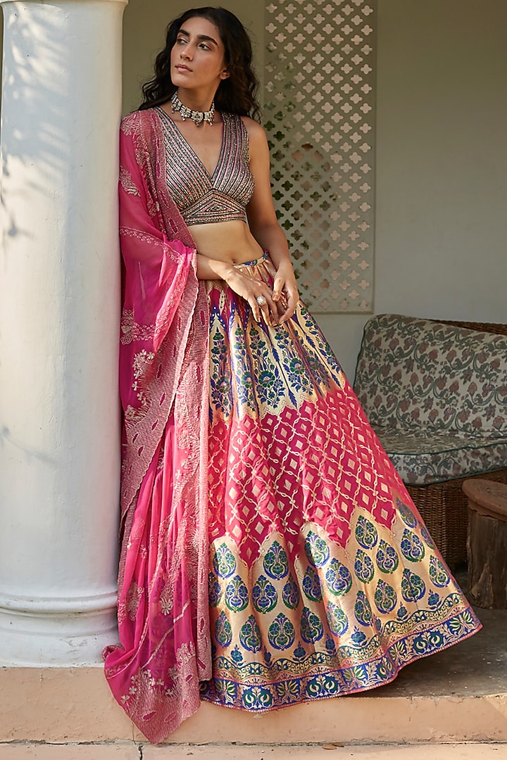 Purple & Fuchsia Embroidered Bridal Lehenga Set by Geisha Designs at Pernia's Pop Up Shop