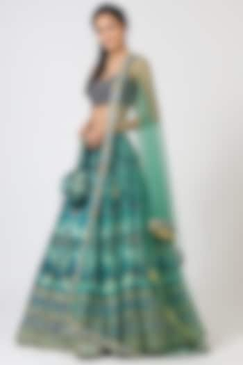 Turquoise Blue Aari Embroidered Bridal Lehenga Set by Geisha Designs at Pernia's Pop Up Shop