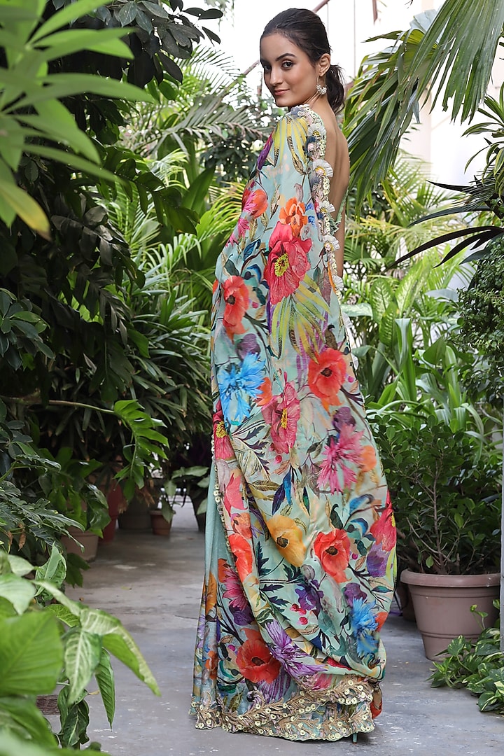 Mint Green Viscose Embroidered & Printed Reception Saree Set by Geisha Designs at Pernia's Pop Up Shop