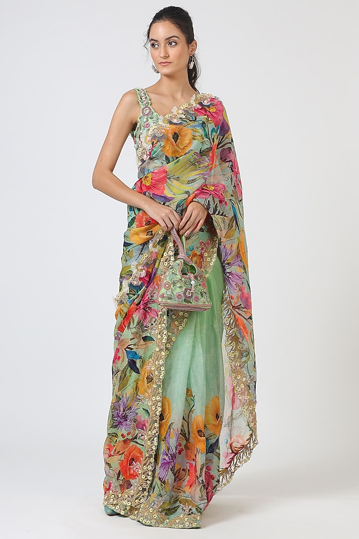 Mint Green Viscose Embroidered & Printed Reception Saree Set by Geisha Designs at Pernia's Pop Up Shop