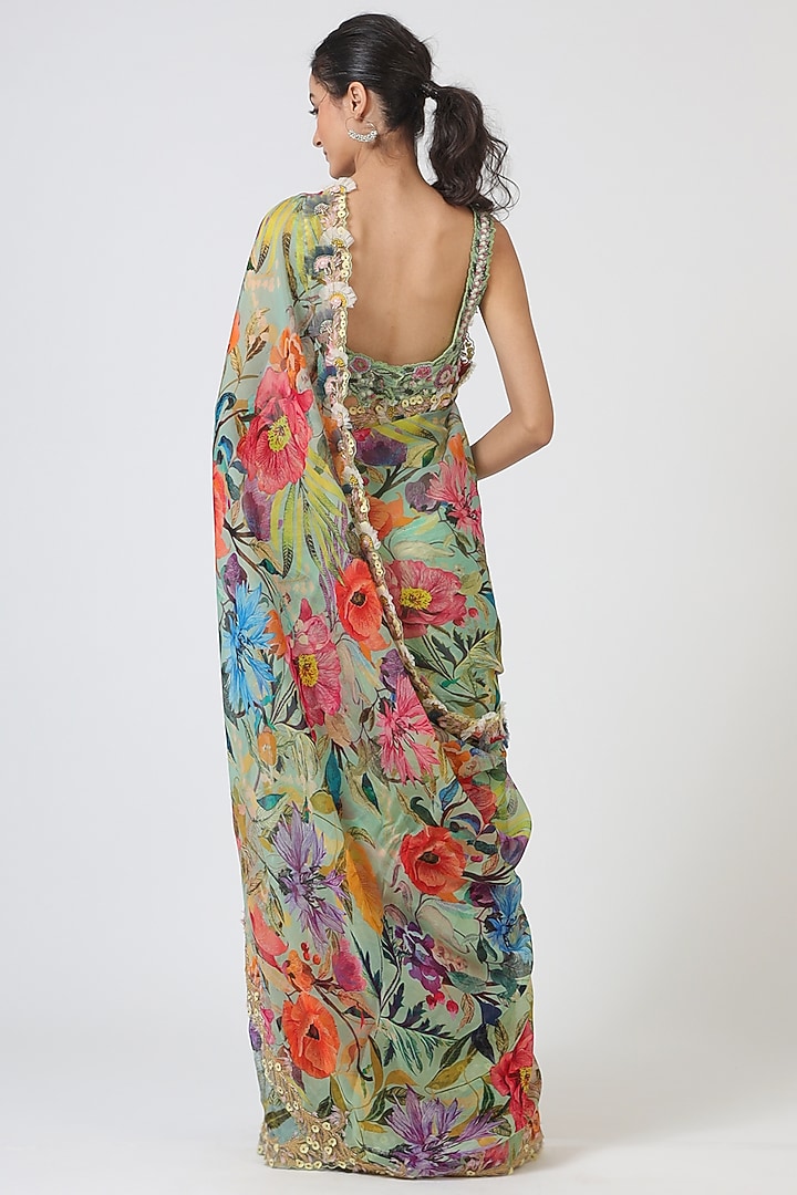 Mint Green Viscose Embroidered & Printed Reception Saree Set by Geisha Designs at Pernia's Pop Up Shop